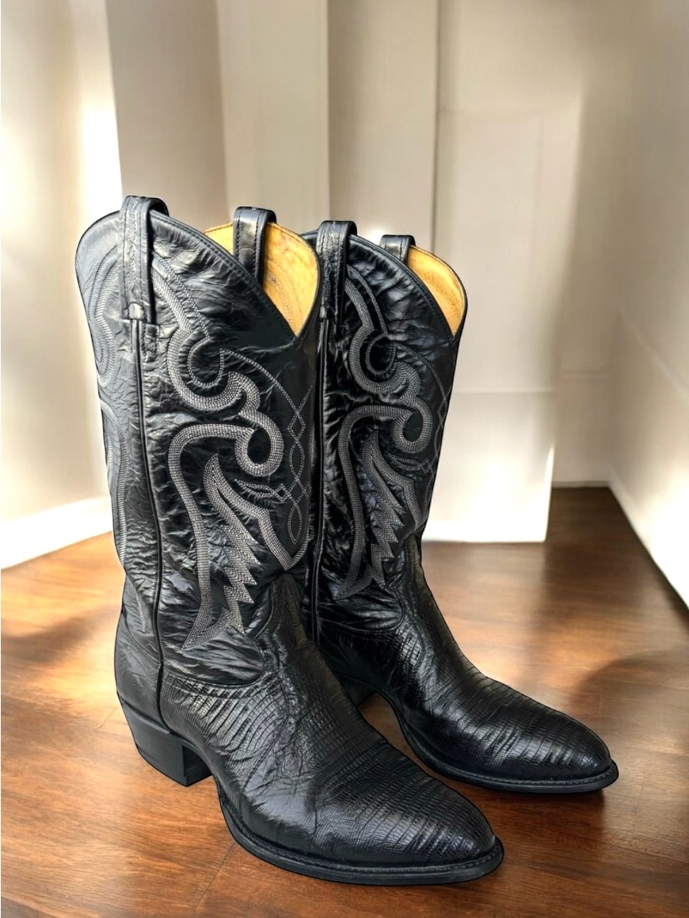 Tony Lama Lizard Cowboy Boots Western Black Leather